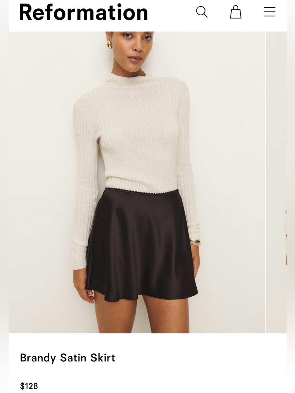 Reformation Brandy Satin Skirt — Black